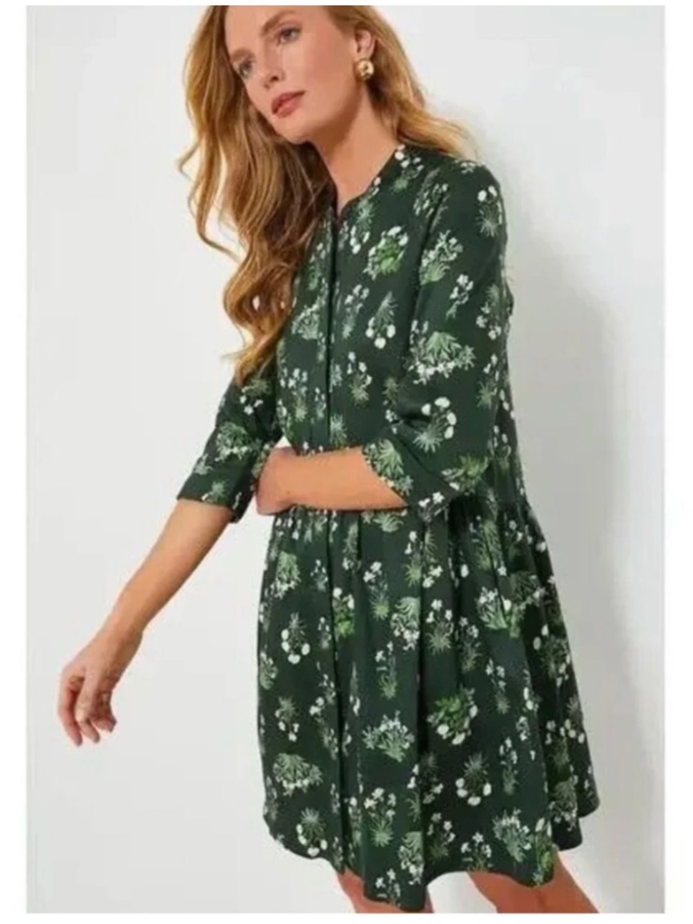 TUCKERNUCK Green Viridian Stamped Bouquets Royal Shirt Dress Sz S